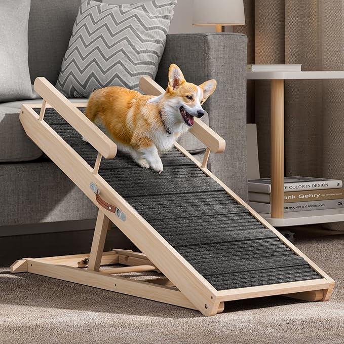 Dog Ramp for Bed, Couch, Car, Folding Pet Ramps 44.48" Long Adjustable 15"-22" Wooden Stairs with High Traction Mat & Safety Side Rails for Small & Medium Old Dogs & Cats, up to 200 lbs-PawvioPets