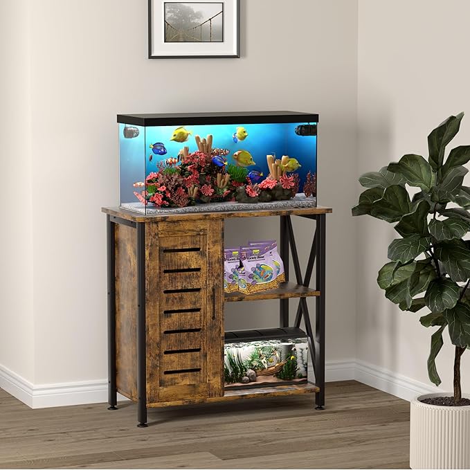 20-29 Gallon Fish Tank Stand, Aquarium Stand with Cabinet Accessories Storage, Heavy Duty Metal Frame, 31.49" L*15.74" W Tabletop, 330LBS Capacity, Rustic Brown PG07YGN-PawvioPets