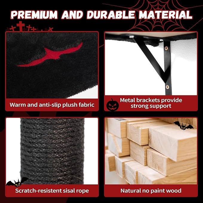 COZIWOW Wall-Mounted Cat Tree | Space-Saving Feline Furniture with Multiple Levels | Durable Scratch Post for Indoor Cats, Black&Red-PawvioPets