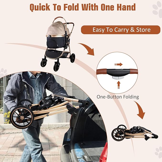 3 in 1 Multifunction Pet Stroller for Small Medium Dogs Cats, No-Zip Dog Stroller with Detachable Carrier & Cup Holder, One-Hand Quick Fold, 4 Wheels Travel Foldable Aluminum Alloy Frame Up to 33 lbs-PawvioPets