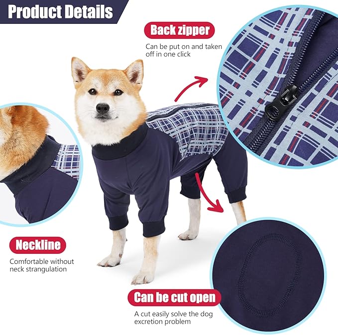 Dog Recovery Suit, Abdominal Wound After Surgery Wear, Anti Licking Bodysuit with Zipper, E-Collar & Cone Alternatives, Plaid Dog Spay Surgical Shirt Prevent Shedding(3XL, Blue)-PawvioPets