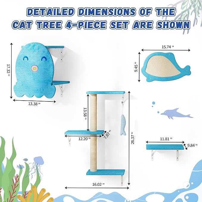 COZIWOW 4-Piece Wall-Mounted Cat Tree Set – Sturdy Wood Pet House, Scratching Board, Platforms, Sisal Posts & Blue Fish Charm – Ocean Blue-PawvioPets