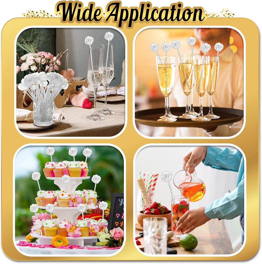 100 Pcs Silver Glitter Drink Stirrers Cocktails Plastic Swizzle Sticks 7.5 Inch Cupcake Pop Sticks Toppers Rose Top Wedding Drink Stirrers for Mixed Drinks Coffee Birthday Wedding Party