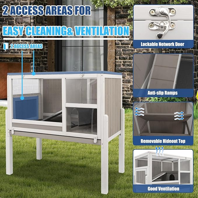 38" L Rabbit Hutch Bunny Cage,Fir Wood Rabbit Cage Indoor Outdoor with Pull Out Tray,Bunny Hutch with Ramp and Hideout,Guinea Pig Cages Rabbit Hutch Indoor with Detachable 4 Legs-PawvioPets