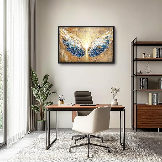 Extra Large Angel Wings Framed Wall Art for Living Room,Oversized Golden Wings Pictures Wall Decor,Holy Gold Blue Canvas Print Painting Modern Artwork Bedroom Office Bathroom 36L" x 24W"-PawvioPets