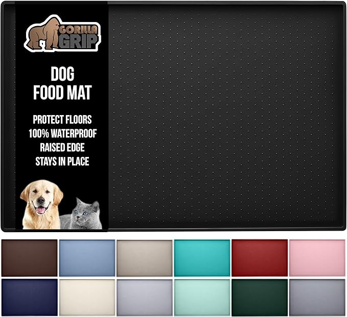 GORILLA GRIP 100% Waterproof Raised Edge BPA Free Silicone Pet Feeding Mat, Dog Cat Food Mats Contain Spills Protects Floors, Placemats for Cats and Dogs Water Bowl, Pets Accessories 16x10, Black-PawvioPets