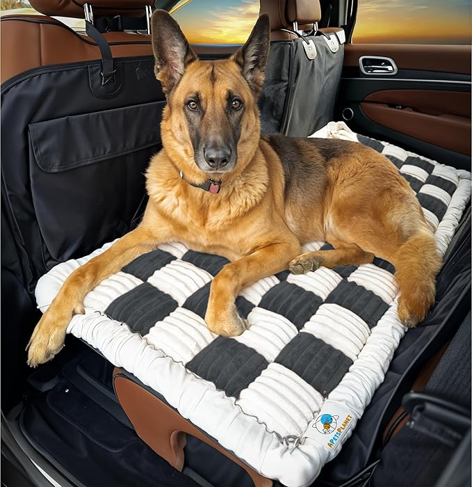 APetsPlanet Dog Bed for Car Back Seat Extender - Non-Slip Backseat Cushion for Dogs - Travel Plush Pet Mat Topper for Cars, Trucks, SUVs - Machine Washable Pad Blanket - Black Plaid, 54" x 24.8"-PawvioPets