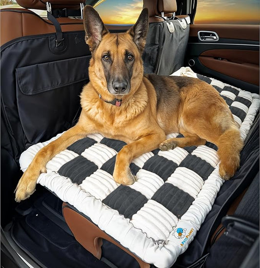 APetsPlanet Dog Bed for Car Back Seat Extender - Non-Slip Backseat Cushion for Dogs - Travel Plush Pet Mat Topper for Cars, Trucks, SUVs - Machine Washable Pad Blanket - Black Plaid, 54" x 24.8"-PawvioPets