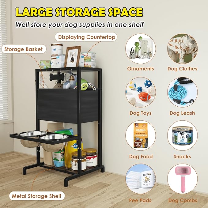 Elevated Dog Bowls, Height Adjustable Raised Dog Bowl Stand (4.5'' to 12''), Organizer Bowl Holder for Large Medium Dogs-PawvioPets