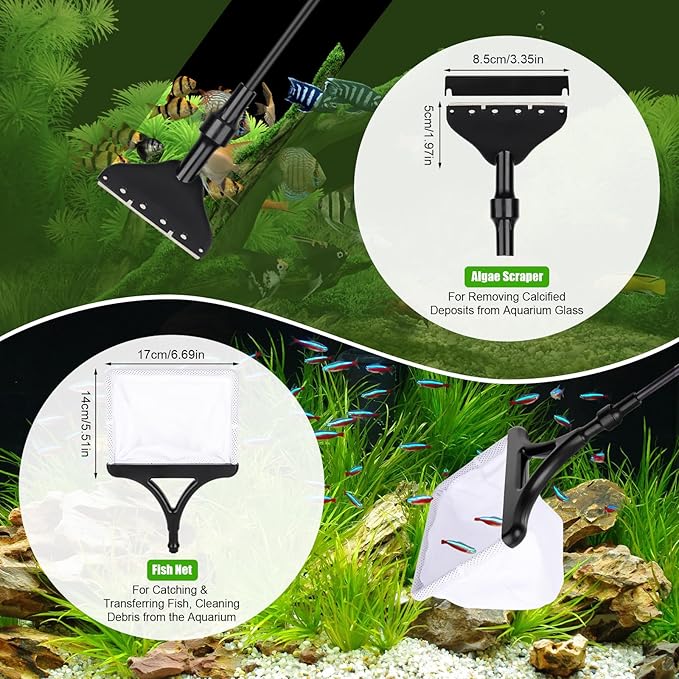AQQA Aquarium Cleaning Tools Multifunctional 6-in-1 Fish Tank Cleaning Kits with Telesopic Handle Alage Scraper Sponge Scrubber Stiff Brush Plant Fork Gravel Rake Fish Net-PawvioPets