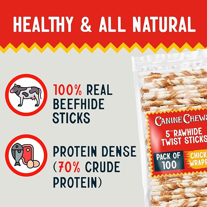 Canine Chews Chicken-Wrapped Rawhide Twists for Dogs - Pack of 100 U.S.A. Sourced Chicken Wrapped Rawhide Dog Treats, Sticks for Dogs - Premium & Natural Beefhide Chews-PawvioPets