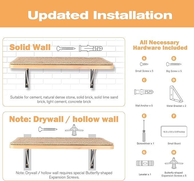 Cat Floating Wall Shelf with Scratching Mat, 1PC 9.7X16.6 Inch Large 1 Inch Thick Wood Cat Window Perches Hanging Shelves Wall Mounted Beds for Sleeping, Playing, Climbing, Support to 30 LBS-PawvioPets