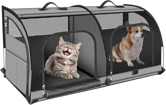 Double Cat Car Travel Carrier, Twin Compartment Show House Cat Cage/Condo，Portable Pet Crate for 2 Cats Travel Double Dog Crate Set for Long Distance Travel-PawvioPets