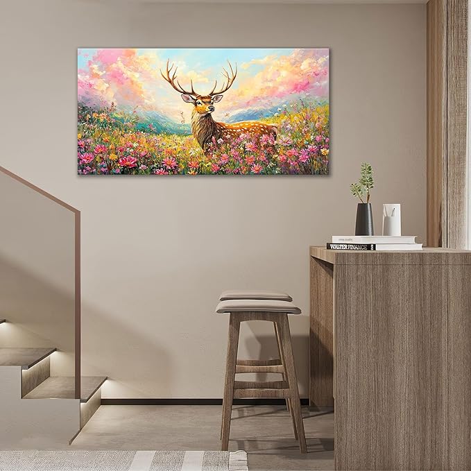 Deer Large Wall Art Wildflower Landscape Pictures Rustic Flowers Wall Decor Wild Animal Nature Canvas Print Painting Artwork for Bathroom Living Room Bedroom 30"x60"-PawvioPets