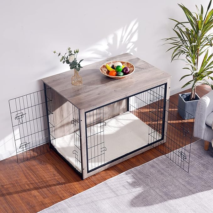 DWANTON Dog Crate Furniture with Cushion, Wooden Kennel Table with Double Doors, Indoor Dog House, Extra Large Size, 43.3" L, Greige-PawvioPets