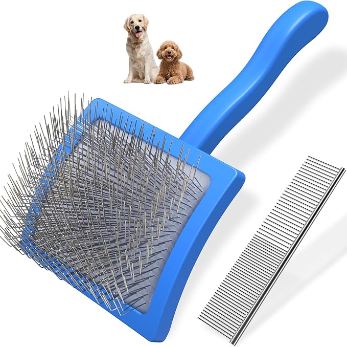 2PCS Slicker Brush for Dogs & Pet Comb,Professional Dog Grooming Brush (Goldendoodles,Poodles,Labradoodles) with Extra Long Pins to Effectively Remove Tangles, Knots and Mats (Blue)-PawvioPets