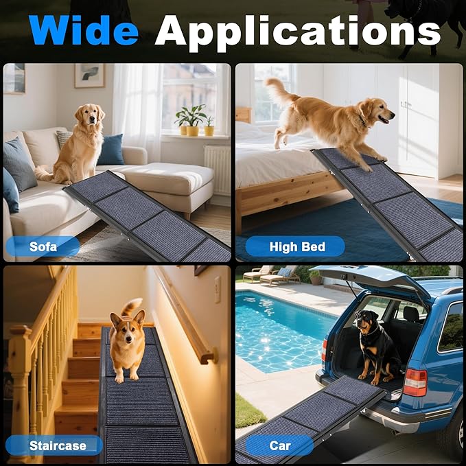 AQUILLA Dog Ramp for Car, 63" Folding Portable Dog Ramp with Non-Slip Rug Surface, Extra Wide Pet Ramps for Cat & Dogs Get on Bed, Cars, Stairs,Pick Up Trucks, Up to 250LBS (63" L x 17.3" W)-PawvioPets