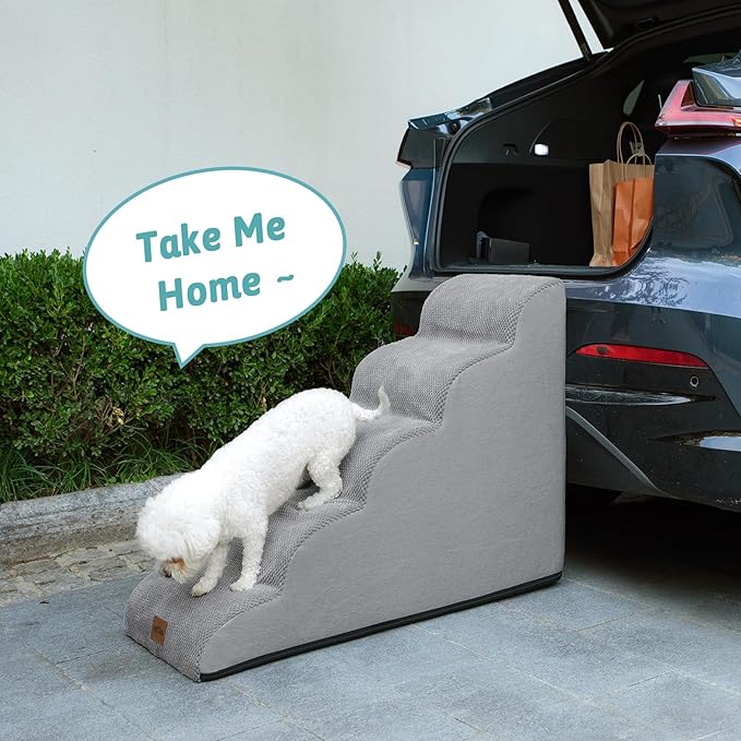 Dog Stairs for Small Dog 22.6" H, Curved Pet Step for Puppy, Older Cat, Medium Pet Ramp for High Bed, Ladder with High Density Foam, Durable, 5 Step, 15.7x33x22.6 inch, Grey-PawvioPets