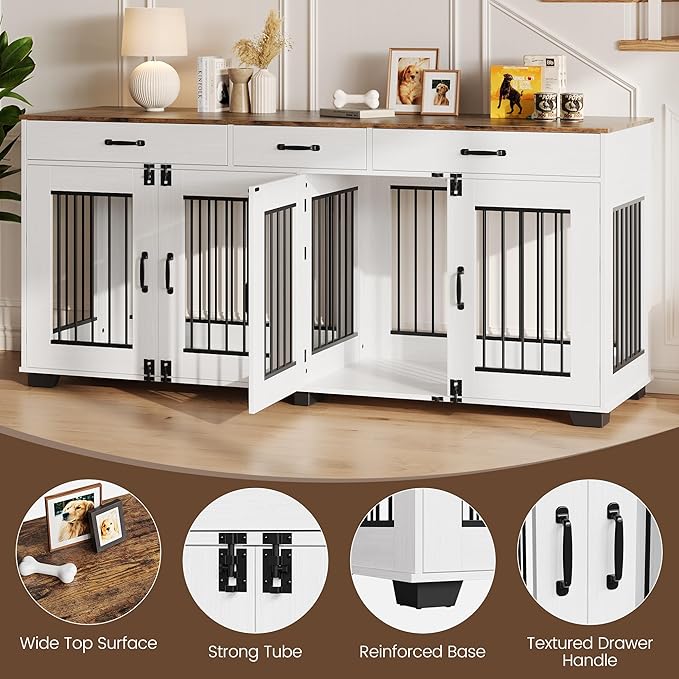 71 Inch Dog Crate Furniture for 2 Rooms, Wooden Double Crate Large Breed with Door, Dog Kennel Indoor, TV Stand End Table with Divider for Large Medium Dogs,White/Brown-PawvioPets