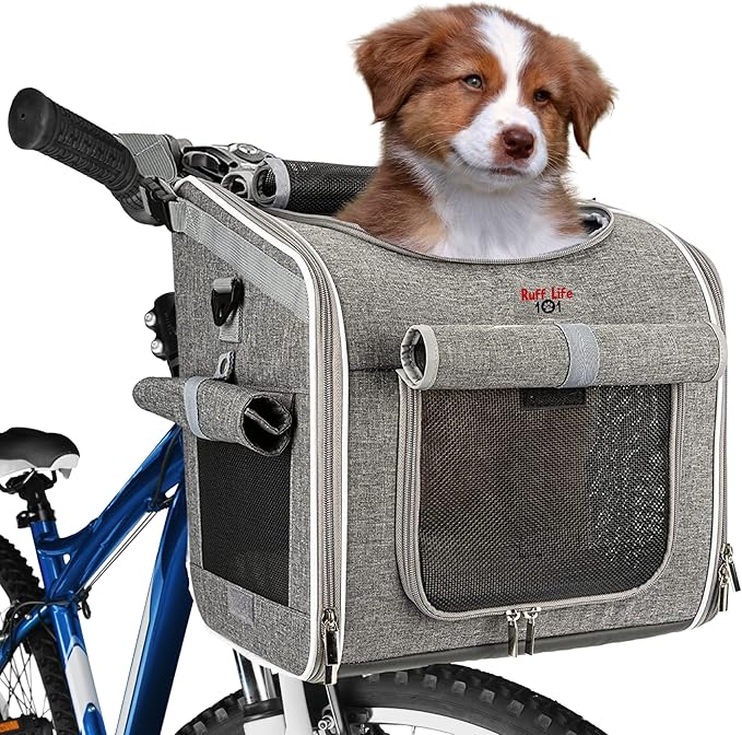 Dog Bike Basket, Expandable Soft-Sided Reflective Pet Carrier Backpack with 4 Open Doors, 4 Mesh Windows for Medium Small Dog Cat Puppies (Grey)-PawvioPets