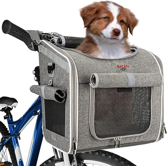 Dog Bike Basket, Expandable Soft-Sided Reflective Pet Carrier Backpack with 4 Open Doors, 4 Mesh Windows for Medium Small Dog Cat Puppies (Grey)-PawvioPets