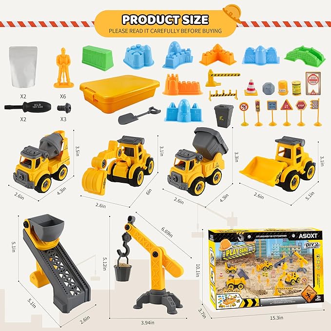 Asoxt 43-Piece Construction Sensory Playset – 2 lbs Play Sand, 4 DIY Trucks, Crane & Road Signs – Creative Sandbox Toy for Kids Ages 3+-PawvioPets