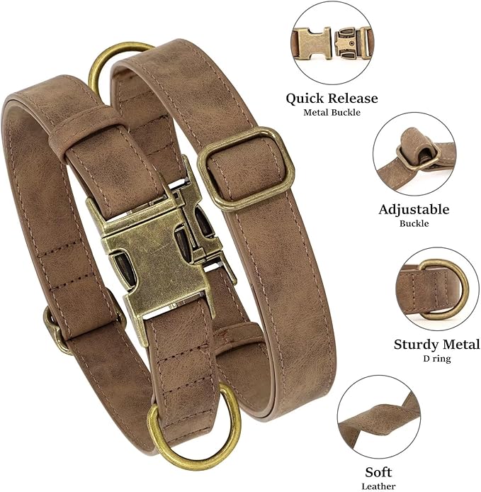 Didog Soft PU Leather Dog Collar, Stylish Quick Released Dog Collar for Large Dogs, Easy Clean Adjustable Pet Collar for Daily Walking, Brown, L Fit 15-23" Neck-PawvioPets