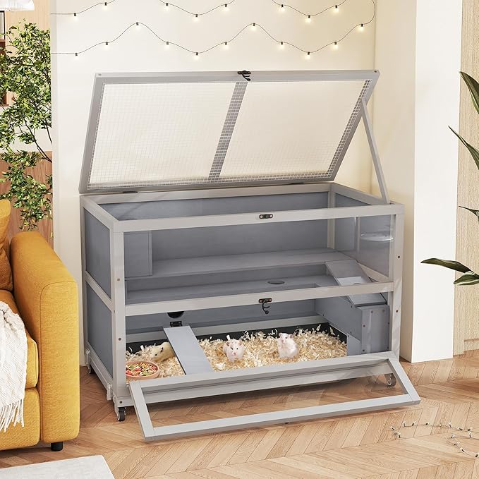 Coziwow Hamster Cage 35.4'' with Removable Ramps & Tray, Small Animals Hutch with Wheels & 2 Openable Doors, 3-Tier Wooden Cage for Dwarf Syrian Hamster, Mice, Rat, Rabbit-PawvioPets