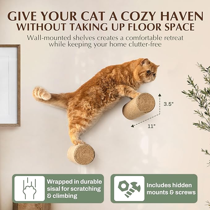 2-Pack Sisal Wall-Mounted Cat Climbing Wall Steps, Cat Wall Steps/Stairs with Sisal Scratching Surface, Wall Shelf Furniture for Climbing & Play for Kittens & Cats, Hidden Mounts-PawvioPets