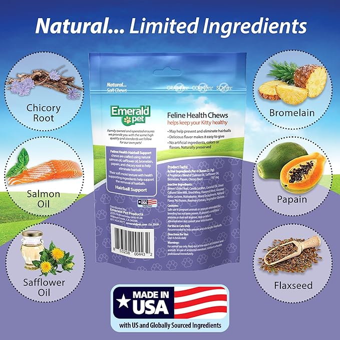 Emerald Pet Feline Health Chews Hairball Support — Natural Grain Free Feline Hairball Control Chews — Hairball Control Cat Supplements for Hairball Prevention and Elimination — Made in USA, 2.5 oz-PawvioPets