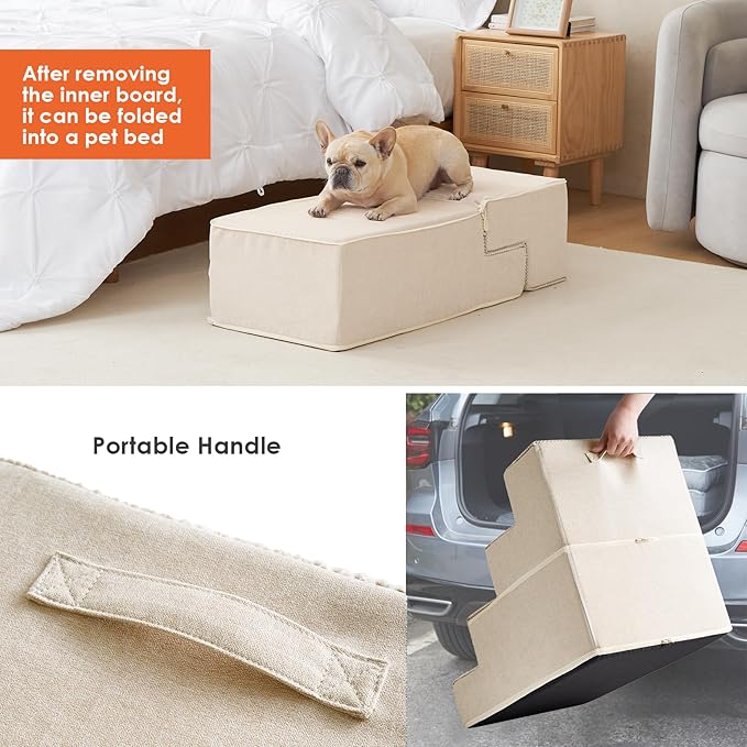 EHEYCIGA Dog Stairs for Bed 20" H, 4-Step Extra Wide Dog Steps for High Bed, Pet Steps for Small Dogs and Cats, Non-Slip Balanced Pet Ramp Indoor, Beige-PawvioPets
