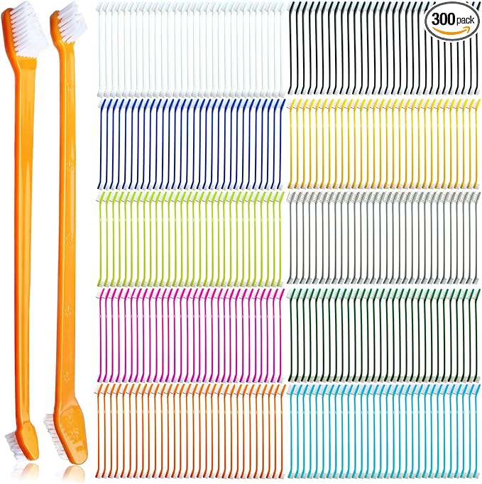 300 Pcs Dog Toothbrush Cat Tooth Brushes Bulk, Double Sided Brushing Kit, Teeth Cleaning Kit Soft Bristles Long Handle, Pet Tooth Brush for Small to Large Dog, Cat, Puppy & Kitten, 10 Colors-PawvioPets