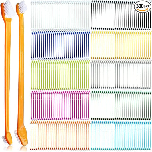 300 Pcs Dog Toothbrush Cat Tooth Brushes Bulk, Double Sided Brushing Kit, Teeth Cleaning Kit Soft Bristles Long Handle, Pet Tooth Brush for Small to Large Dog, Cat, Puppy & Kitten, 10 Colors-PawvioPets