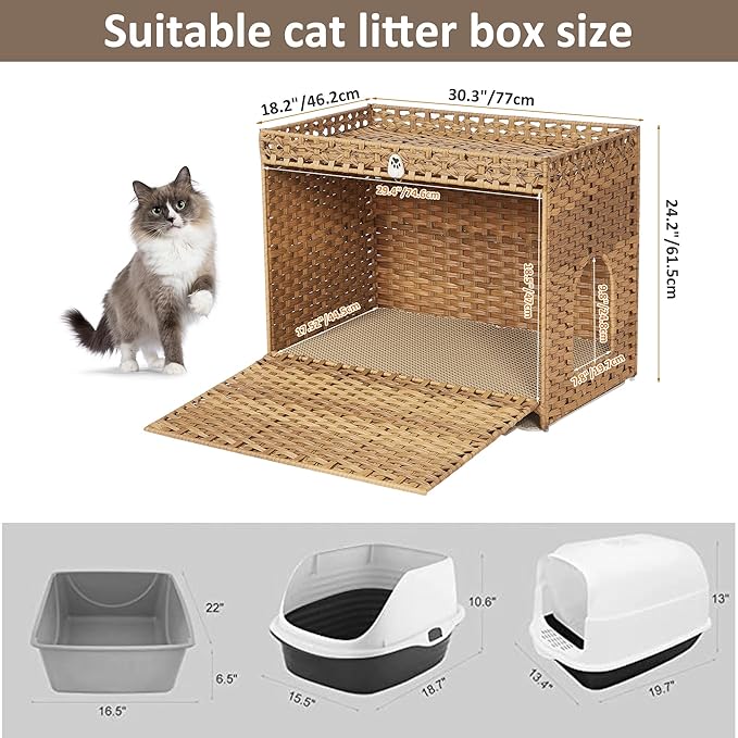 Cat Litter Box Enclosure with Soft Litter Mat; Hidden Cat Washroom Furniture with Door; Handwoven Rattan Kitten House with Large Space; Pet Crate for Living Room, Bedroom, Balcony (Natural)-PawvioPets