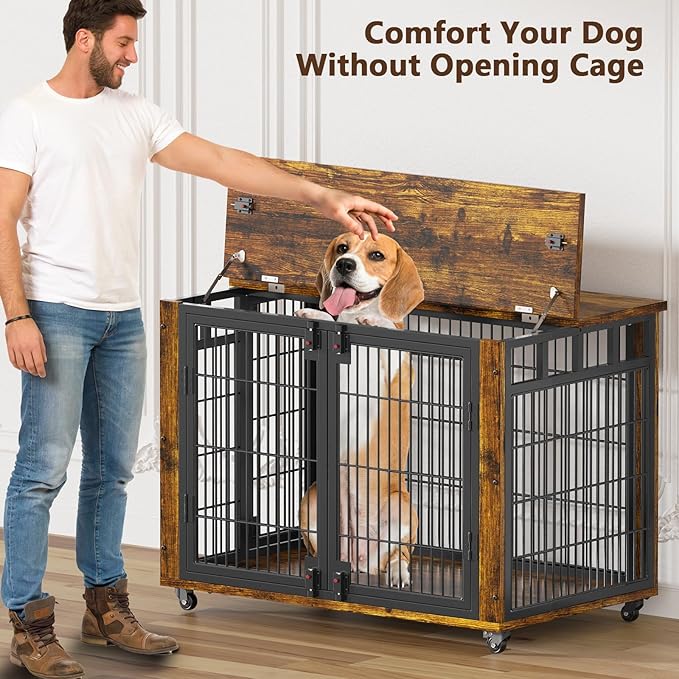 EasyCom 90% Pre-Assembled 33" Small and Meidum Dog Kennel Indoor Furniture, Wooden Dog Crate Furniture with Top-Access Teasing/Feeding Doors, for Medium and Small Breed, with Wheels Moveable-PawvioPets