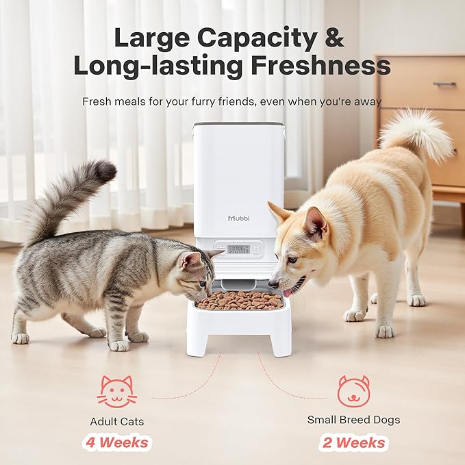 Automatic Cat Feeders, 7L/29 Cups Automatic Dog Feeder, Cat Food Dispenser, No-Jam Rotor, Up to 6 Meals for 2-15 mm Dry Food, with Elevated Stand, Stainless Steel Bowl-PawvioPets