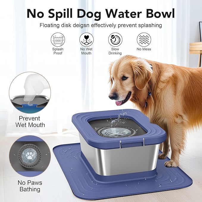 Decflow 10L Stainless Steel Dog Water Bowl, No Spill Anti-Splash Dog Bowls with XXL Silicone Mat, Spill-Proof Slow Feeder for Messy Drinkers, Heavy Duty Pet Bowls for Indoor/Outdoor Use Blue-PawvioPets