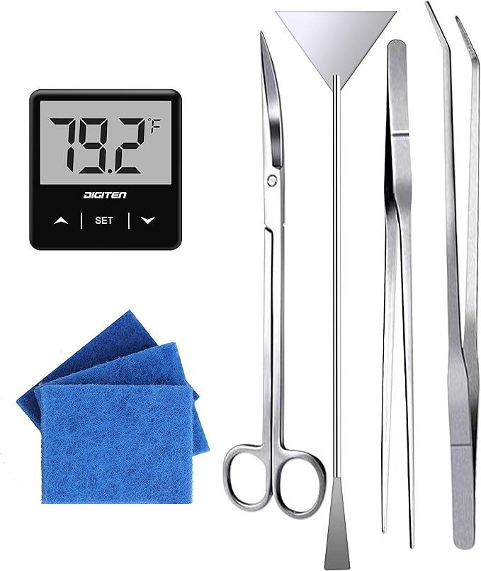 Aquarium Starter kit, The Package includes a Fish Tank Thermometer, aquascape Tool kit with a Sand Spatula, Straight Tweezers, Curved Tweezers, Curved Scissors, Handheld Sponge pad(3 PCS)-PawvioPets