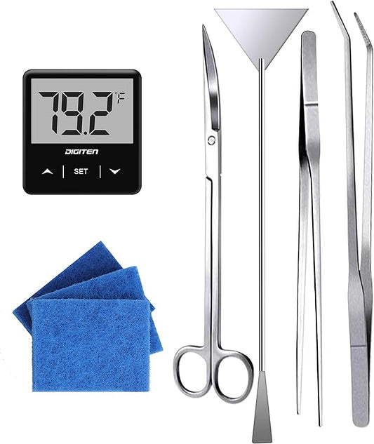Aquarium Starter kit, The Package includes a Fish Tank Thermometer, aquascape Tool kit with a Sand Spatula, Straight Tweezers, Curved Tweezers, Curved Scissors, Handheld Sponge pad(3 PCS)-PawvioPets