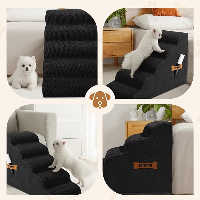 Dog Stairs, Romrol Dog Steps Ramp for High Bed and Couch, Dogs Ramp with Durable Non-Slip Waterproof Fabric Cover, Pet Stairs for Small Dogs and Cats or Pets Joints, 4-TiersBlack-PawvioPets