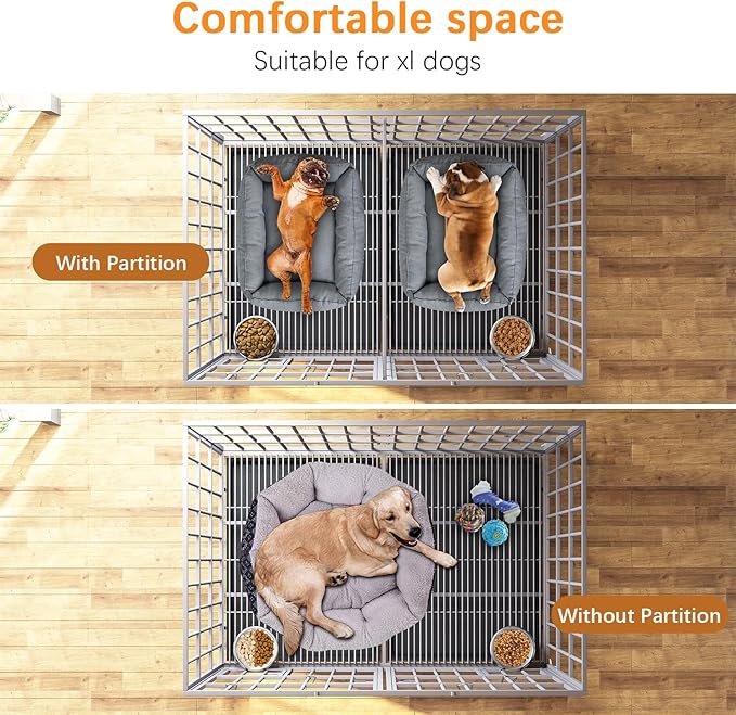aboxoo 42/48 inch Heavy Duty Metal Dog Crate for 2 Dogs/Large Dog,All Metal Open Top,Dog Kennel Indoor with Wheels,Floor Grid, Tray, Divider and Feeding Bowl (Sliver)-PawvioPets