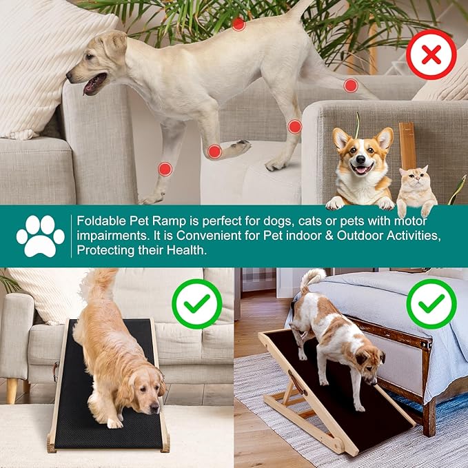 Dog Ramp for Bed, Adjustable Pet Ramps for Dog to Get on Bed, Non-Slip Rubber Surface - Folding Wooden Dog Ramp for Small/Large/Old Dogs, Adjustable up to 19.5 inch High Beds-PawvioPets