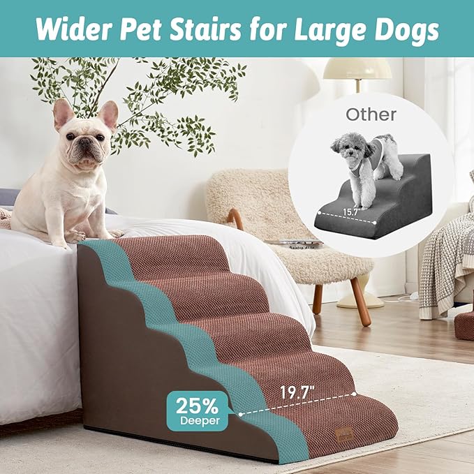 Extra Wide Dog Stairs 19.7" Width, Large Pet Step for Small Medium Dog, Puppy or Cat, Ramp for High Bed or Car, High Density Foam Ladder, Stable, 5 Step, 19.7x33x22.4 inch, Brown-PawvioPets