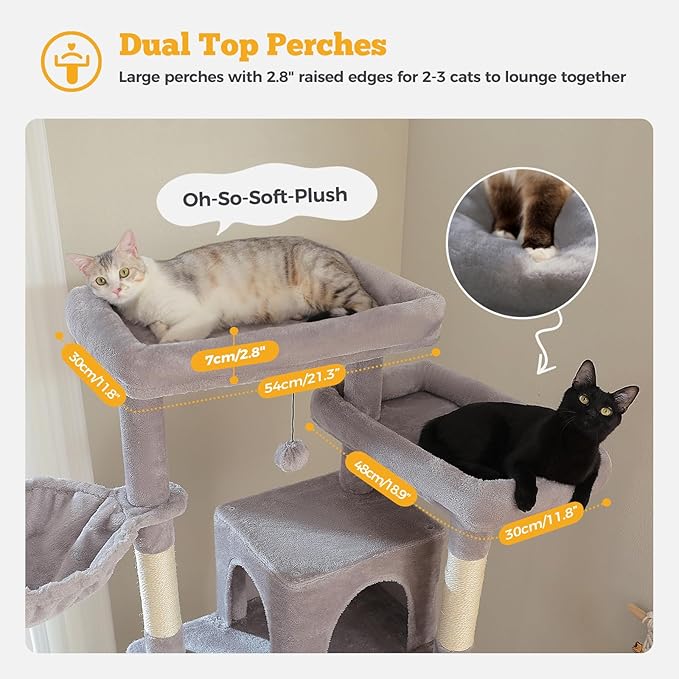 81" Heavy Duty Cat Tree for Large Cats up to 20lbs - Extra Tall Cat Tower with Metal Frame Hammock, 6 Sisal Scratching Posts, 2 Perches - Indoor Cat Furniture for Maine Coon, Big Cats, Gray-PawvioPets