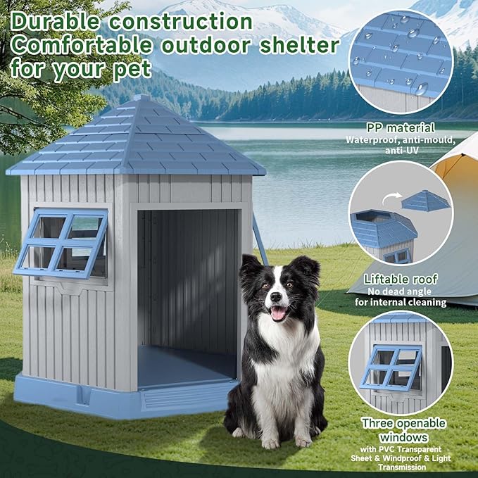 DRATO Dog House Indoor Outdoor Durable Large Dog Shelter with Outside Dog Kennel with Window and Elevated Floor for Small Medium Dogs (Blue, by)-PawvioPets