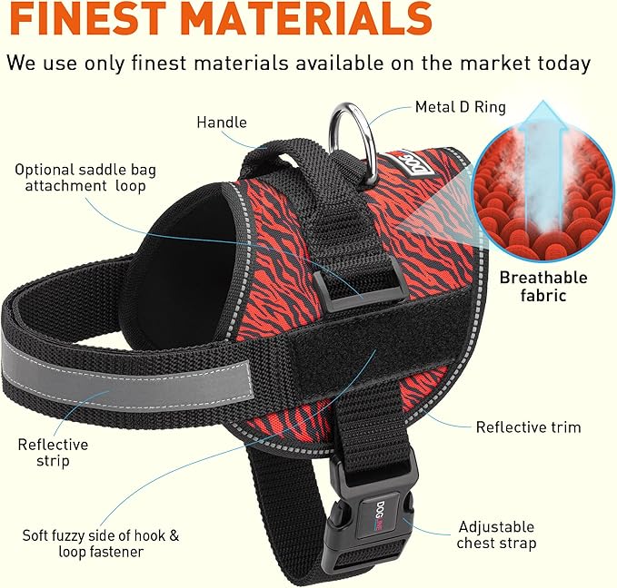 Dogline Dog Harness, Reflective No-Pull Adjustable Vest with Handle for Walking, Training, Breathable, No - Choke Harness for Small, Medium or Large Dogs Room for Patches Zebra Black/Red S 18"-24"-PawvioPets