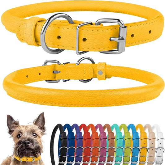 CollarDirect Rolled Leather Dog Collar, Soft Padded Round Puppy Collar, Handmade Genuine Leather Collar Dog Small Large Cat Collars 13 Colors (8-11 Inch, Yellow Textured)-PawvioPets