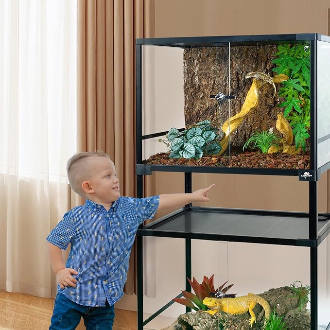 Double Stacked Reptile Tank, 24" x 18" x 44" Tall Reptiles Terrarium, Front Opening, Full Vision, Knock Down, 2 Pack 34 Gallon Glass Cage for Reptile, Bearded Dragon, Lizard, Snake, Gecko-PawvioPets