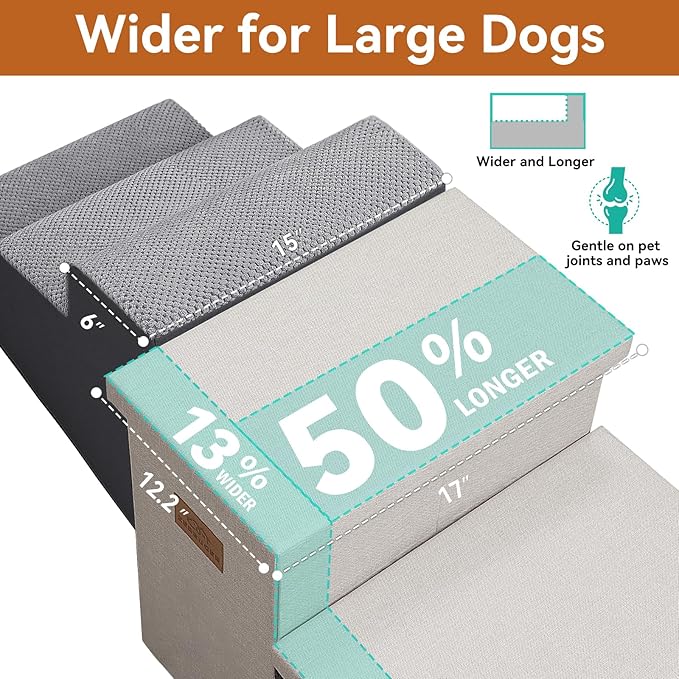 Dog Stairs with Storage 23" H, 4-Step Wider Dog Steps for High Beds Window, Folding Sturdy Pet Stairs Gift for Small/Medium/Large Old Dogs Cat, Ramp for Climbing Car Up to 200 lbs, Beige-PawvioPets