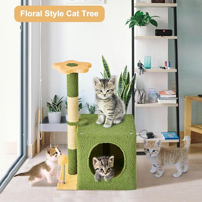 24 Inch Cat Tree Condo for Indoor Cats with Floral Sisal Scratching Post, Plush Hang Ball Play Furniture for Kittens Cats, Yellow-PawvioPets